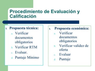 Procedimiento de Evaluación y Calificación   Propuesta técnica: Verificar documentos obligatorios Verificar RTM Evaluar. Puntaje Mínimo Propuesta económica: Verificar documentos obligatorios Verificar validez de oferta Evaluar Puntaje 