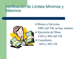 Verificación de Límites Mínimos y Máximos   Bienes y Servicios 100% del VR, no hay mínimo Ejecución de Obras 110% y 90% del VR Consultoría 100% y 90% VR 