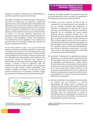 IV - EL PATRIMONIO AMBIENTAL DE LOS
                                                                                                  PAYANESES: ARTÍFICES EN SU
                                                                                                             CONSERVACIÓN

afectamos la biosfera, hallaremos que cotidianamente es                         En general, los hábitats cumplen tres grandes funciones de
posible hacer grandes cosas por los ecosistemas.                                las cuales dependemos. Éstas no pueden ser suspendidas o
                                                                                                                                  4
                                                                                eliminadas sin grandes perjuicios para la biosfera:
Sorprende, en cambio, que muchas personas, sobre todo las
que viven en ciudades que son creaciones y diseños del                           1. Proveen los recursos naturales. Sin ellos la vida, en
ingenio humano, no se hayan percatado de la fragilidad y de la                      cualquiera de sus manifestaciones, sería imposible, ya
dependencia que tienen hacia su entorno. Nótese que de la                           que son aquellos materiales que proporciona la
tierra y la atmosfera es de donde obtenemos los recursos para                       naturaleza sin alteración por parte del ser humano.
subsistir, incluyendo los alimentos y el aire que respiramos.                       Asimismo, son invaluables por contribuir al bienestar y
Empero, utilizamos también los suelos, las corrientes fluviales,                    desarrollo de las sociedades de manera directa
los mares y el aire para depositar desperdicios que                                 (materias primas, alimentos, energía, etc.). Por
contradicen nuestro más elemental sentido de supervivencia.                         definición, son imprescindibles para la conservación del
En síntesis, muchas sociedades, -no todas- han considerado a                        agua, la atmósfera y todo lo que sirve de sostén para la
la naturaleza como un bien inagotable, lo cual es absurdo, ya                       flora y la fauna. Algunos recursos son finitos (como los
que ella posee una capacidad limitada para absorber los                             minerales o los hidrocarburos que generan la gasolina), y
desechos y restaurarse a sí misma.                                                  otros renovables como la madera, la energía hidráulica,
                                                                                    etc. El problema latente es la llamada sobreexplotación,
Por tal razón obedece a ciclos, en los que los elementos                            que consiste en aprovechar estas fuentes a un ritmo
bióticos y no bióticos se equilibran mediante un continuo fluir                     mayor al que la Tierra puede proporcionar, acarreando
de energía (como la solar que nutre a las plantas, de las cuales                    la ausencia de un Desarrollo Sostenible.
se alimentan seres herbívoros que, a su vez, sirven de alimento
a los depredadores). Esta armonía es vital para la perduración                   2. Asimilación. El planeta tiene la capacidad para procesar
de comunidades que se autorregulan, y que conocemos como                            desperdicios. Sin embargo, algunos residuos provienen
ecosistemas, siendo los escenarios que viabilizan la                                de la actividad humana, y por su complejidad no pueden
biodiversidad. Al menoscabar las fuentes de agua, reducir los                       ser degradados espontáneamente, o tardan cientos,
bosques, o diezmar un tipo de organismos, todo este                                 incluso miles de años en ser absorbidos. Otras emisiones
andamiaje de relaciones puede colapsar. Las consecuencias                           terminan como calor residual, que afecta la temperatura
pueden ser de gran impacto, a veces irremediables, como                             de los mares ocasionando cambios climáticos. La ola
cuando se extingue una especie, o la naturaleza no puede                            invernal que vive Colombia tiene entre sus causas este
contener inundaciones o es vulnerable a incendios o plagas                          fenómeno, propiciado por los gases invernadero y otros
que antes eran normalizados por sus mecanismos de control.                          que desequilibran la manera en que la Tierra absorbe y
                                                                                    disipa diversos compuestos.

                                                                                 3. Servicios ambientales. Esta categoría contempla desde
                                                                                    los ámbitos para la recreación y el disfrute
                                                                                    contemplativo del paisaje, hasta los procesos que
                                                                                    mantienen el funcionamiento de la biosfera. Por servicio
                                                                                    entendemos todo aquello que garantiza la supervivencia
                                                                                    de la vida, incluyendo el ser humano y todas las criaturas
                                                                                    conocidas. Para este sostenimiento se cuenta la
                                                                                    diversidad genética, la estabilidad de los ecosistemas, la
                                                                                    correcta composición de la atmósfera y la evolución del
                                               Ciclo de Energía 3                   clima acorde con sus fases e intervalos.


3. Véase UNIDAD DIDÁCTICA 12. La materia y la energía en los ecosistemas. En:   4. RODADO, Carlos. GRIJALBA, Elizabeth. La Tierra cambia de pie. Una visión integral de la calidad de vida.
http://www.quimicaweb.net/grupo_trabajo_ccnn_2/tema12/index.htm                 Bogotá. Editorial Planeta, 2001.




12
 