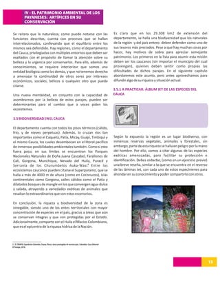 IV - EL PATRIMONIO AMBIENTAL DE LOS
              PAYANESES: ARTÍFICES EN SU
              CONSERVACIÓN

Se reitera que la naturaleza, como puede notarse con las                                                       Es claro que en los 29.308 km2 de extensión del
funciones descritas, cuenta con procesos que se hallan                                                         departamento, se halla una biodiversidad que los naturales
interrelacionados, conllevando que el equilibrio entre los                                                     de la región -y del país entero- deben defender como uno de
mismos sea defendido. Hay regiones, como el departamento                                                       sus tesoros más preciados. Pese a que hay muchas cosas por
del Cauca, privilegiadas con múltiples entornos que deben ser                                                  hacer, hay motivos de sobra para apreciar semejante
exaltados con el propósito de llamar la atención sobre su                                                      patrimonio. Los primeros en la lista para asumir esta misión
belleza y la urgencia por conservarlos. Para ello, además de                                                   deben ser los caucanos (sin importar el municipio del cual
conocimientos, se requiere interiorizar que somos una                                                          provengan), quienes deben sentir como propias las
entidad biológica como las demás, y que no tenemos derecho                                                     dificultades de dichos parajes. En el siguiente capítulo
a amenazar la continuidad de otros seres por intereses                                                         abordaremos este asunto, pero antes aprovechamos para
económicos, sociales, bélicos o cualquier otro que pueda                                                       difundir algo de su riqueza y situación actual.
citarse.
                                                                                                               3.5.1 A PRACTICAR: ÁLBUM JET DE LAS ESPECIES DEL
Una nueva mentalidad, en conjunto con la capacidad de                                                          CAUCA
asombrarnos por la belleza de estos parajes, pueden ser
determinantes para el cambio que a voces piden los
ecosistemas.

3.5 BIODIVERSIDAD EN EL CAUCA

El departamento cuenta con todos los pisos térmicos (cálido,
frío, y de nieves perpetuas). Además, lo cruzan ríos tan
importantes como el Caquetá, Patía, Micay, Guapí, Timbiquí y                                                   Según lo expuesto la región es un lugar biodiverso, con
el mismo Cauca, los cuales desembocan en el litoral pacífico                                                   inmensas reservas vegetales, animales y forestales, sin
de inmensas posibilidades ambientales también. Como si esto                                                    embargo, parte de esta riqueza se halla en peligro por la mano
fuera poco, en sus límites se encuentran los Parques                                                           del hombre. Por ello, vamos a citar algunas de las especies
Nacionales Naturales de Doña Juana Cascabel, Farallones de                                                     exóticas amenazadas, para facilitar su protección e
Cali, Gorgona, Munchique, Nevado del Huila, Puracé y                                                           identificación. Debes redactar, (como en un ejercicio previo)
Serranía de los Churumbelos Auka-Wasi. Entre los 5                                                             una breve reseña, similar a la que se encuentra en el reverso
ecosistemas caucanos pueden citarse el Superparamo, que se                                                     de las láminas Jet, con cada uno de estos especímenes para
halla a más de 4000 m de altura (como en Coconucos), islas                                                     ahondar en su conocimiento y poder compartirlo con otros.
continentales como Gorgona, valles cálidos como el Patía y
dilatados bosques de mangle en los que convergen agua dulce
y salada, atrayendo a variedades exóticas de animales que
resaltan lo extraordinarios que son estos escenarios.

En conclusión, la riqueza y biodiversidad de la zona es
innegable, siendo uno de los entes territoriales con mayor
concentración de especies en el país, gracias a áreas que aún
se conservan íntegras y que son protegidas por el Estado.
Adicionalmente, comparte con el Huila el Macizo Colombiano,
que es el epicentro de la riqueza hídrica de la Nación.



5. EL TIEMPO. Expedición Colombia. Fauna, flora y áreas protegidas de nuestro país. Colombia: Casa Editorial
El Tiempo, 2010.




                                                                                                                                                                                13
 