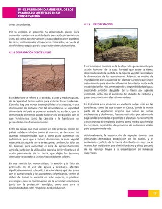 IV - EL PATRIMONIO AMBIENTAL DE LOS
        PAYANESES: ARTÍFICES EN SU
        CONSERVACIÓN

áreas circundantes.                                                  4.1.5   DEFORESTACIÓN

Por lo anterior, el gobierno ha desarrollado planes para
aumentar la cobertura y calidad en la prestación del servicio de
aseo, así como para fortalecer la capacidad local en aspectos
técnicos, institucionales y financieros. Entre ellos, se cuenta el
diseño de estrategias para la separación de residuos sólidos.

4.1.4 DEGRADACIÓN DE LOS SUELOS



                                                                     Este fenómeno consiste en la destrucción -generalmente por
                                                                     acción humana- de la capa forestal que cubre la tierra,
                                                                     desencadenando la perdida de la riqueza vegetal y animal por
                                                                     la disminución de los ecosistemas. Además, es motivo de
                                                                     inundaciones por la ausencia de plantas y árboles que sirven
                                                                     naturalmente para absorber afluentes. Lo anterior incide en la
                                                                     estabilidad de los ríos, amenazando la disponibilidad del agua,
                                                                     suscitando erosión (desgaste de la tierra por agentes
                                                                     externos), junto con el aumento del dióxido de carbono y
Este deterioro se refiere a la pérdida, a largo y mediano plazo,     gases que provocan el efecto invernadero.
de la capacidad de los suelos para sostener los ecosistemas.
Con ello, hay una mayor susceptibilidad a las sequias, y una         En Colombia esta situación es evidente sobre todo en las
disminución de cultivos. Por tal circunstancia, la seguridad         cordilleras, como las que cruzan el Cauca, donde la mayor
alimentaria del país se pone en entredicho, es decir, que la         parte de la vegetación original que solían ser selvas
demanda de alimentos puede superar a la producción, con lo           exuberantes y biodiversas, fueron sustituidas por sabanas de
que fenómenos como la carestía o la hambruna se                      baja calidad destinadas al pastoreo o al cultivo. Paralelamente
presentarían más frecuentemente.                                     a este proceso se empleó la quema como medio para limpiar
                                                                     los terrenos, dejándolos desprovistos de nutrientes vitales
Entre las causas que más inciden en este proceso, propio de          para que germine la vida.
países subdesarrollados como el nuestro, se destacan: las
quemas indiscriminadas que a corto plazo aumentan los                Adicionalmente, la importación de especies bovinas que
nutrientes, pero que a futuro disminuyen la capa vegetal             demandan demasiada producción de los suelos, y el
necesaria para que la tierra se recupere; también, las talas de      centenario conflicto de la tierra distribuida en muy pocas
los bosques para aumentar el área de aprovechamiento                 manos, han incidido en que el minifundismo y el uso precario
agrícola, junto con la utilización excesiva de fertilizantes o el    de los recursos lleven a la desertización de inmensas
arado permanente de la tierra, que dejan los terrenos                superficies.
desnudos y expuestos a las nocivas radiaciones solares.

En ese sentido los monocultivos, la erosión y la falta de
previsión en el uso de aguas y residuos, afectan
significativamente al subsuelo. Las autoridades agrícolas junto
con el campesinado y los ganaderos colombianos, tienen el
deber de tomar la vocería en este aspecto, y plantear
estrategias para la coordinación de la actividad económica
junto con la protección ecológica, como ejes para la
sostenibilidad de estos renglones de la producción.

                                                                                                                                   17
 
