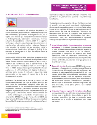 IV - EL PATRIMONIO AMBIENTAL DE LOS
                                                                                                                         PAYANESES: ARTÍFICES EN SU
                                                                                                                                    CONSERVACIÓN

  5. ALTERNATIVAS PARA EL CAMBIO AMBIENTAL                                                                significativa, aunque se requieren esfuerzos adicionales para
                                                                                                          garantizar la paz, conservación y acceso a las poblaciones
                                                                                                          beneficiarias.

                                                                                                          Dadas estas condiciones y varias más que ahondan en la crisis
                                                                                                          de la región, antes que seguir presentando estadísticas que
                                                                                                          demuestran la gravedad del asunto, es menester hablar sobre
                                                                                                          lo que se está haciendo. El Gobierno Nacional junto con el
Tras abordar los problemas que vulneran, en general, a la                                                 Departamento Nacional de Planeación, diseñaron un
nación colombiana, es posible fijar la vista en aquellos que son                                          documento con: Acciones y Estrategias para impulsar el
más inmediatos y que afectan a la región caucana y a su                                                   Desarrollo Sostenible del Departamento del Cauca,
capital. Cabe destacar que el departamento se caracteriza por                                             denominado CONPES 3461. En él se exponen las siguientes
su heterogeneidad, localización estratégica, recursos                                                     estrategias que cuentan con objetivos muy específicos:
naturales, diversidad étnica y cultural. El 50% de su superficie
son bosques naturales, y cuenta con grandes extensiones de
manglar, selvas sub-andinas, andinas y páramos. A pesar de                                                   Protección del Macizo Colombiano como ecosistema
estas ventajas, la situación no es alentadora social o                                                       estratégico. En virtud de la riqueza ecológica e hídrica de
ambientalmente. Según cifras oficiales el 64,61% de los                                                      la zona, se ha estimado brindarle protección especial y
caucanos se encuentran en la línea de pobreza, frente al                                                     diseñar políticas para evitar la tala de bosques,
52,46% de la Nación.9                                                                                        previniendo la utilización de maderas para fines
                                                                                                             domésticos. Entre las alternativas vislumbradas, en
Recordando la importancia del manejo del agua y los servicios                                                coordinación con los departamentos que comparten este
públicos, la cobertura en las cabeceras municipales es cercana                                               enclave ambiental, se pretende llevar gas propano a
al 66%, frente al promedio nacional del 83.4%. Por su parte, la                                              localidades remotas.
cobertura de alcantarillado para el Departamento es del
43.9%, estando muy por debajo del promedio nacional que se                                                   Desarrollo forestal. Se estima que 89.928 hectáreas son
ubica en el 73%. Otro asunto con gran impacto ambiental es la                                                aptas para reforestación sin restricciones en el Cauca, y
proliferación de cultivos ilícitos, unido al comercio de armas y                                             cerca de la mitad del total de la superficie son bosques. No
químicos, como causas de violencia y desarraigo social                                                       obstante, la avanzada de la frontera agrícola, la tala y los
representado en los grupos al margen de la ley y el                                                          cultivos ilícitos han amenazado este patrimonio. Para
desplazamiento forzado.                                                                                      defenderlo pueden citarse los siguientes programas:
                                                                                                             Programa Familias Guardabosques; Plan departamental
Igualmente, la tenencia de la tierra y su debido uso son                                                     de ordenación forestal; Reforestación protectora;
inquietudes que maneja con especial cuidado la Nación. Así,                                                  Restauración de ecosistemas forestales degradados de
tanto para las comunidades indígenas como para las                                                           alta montaña, entre otros planes que vienen
afrodescendientes se han destinado sendas hectáreas como                                                     adelantándose.
propiedades colectivas. Actualmente existen 84 resguardos
indígenas cuya extensión asciende a 519.850 hectáreas, que                                                   Impulso al Programa regional de mercados verdes. Estos
constituyen el 17.7% del total del área. Adicionalmente, hay                                                 son espacios en los que se transan productos que no son
17 títulos similares para comunidades afrocolombianas que                                                    lesivos para el ambiente, desarrollados a partir de
comprenden 574.615 Hs, y que representan el 19.6% del                                                        prácticas sostenibles. La idea es consolidar estos
departamento. En total, el 37.3% del Cauca se encuentra bajo                                                 escenarios en la región y articularlos con redes
la modalidad de propiedad colectiva, lo cual es una cifra muy                                                nacionales.


9. CONSEJO NACIONAL DE POLÍTICA ECONÓMICA Y SOCIAL REPÚBLICA DE COLOMBIA, Departamento Nacional
de Planeación. Documento CONPES 3461. Acciones y estrategias para impulsar el desarrollo sostenible del
departamento del Cauca. Bogotá: 2007.




20
14
 