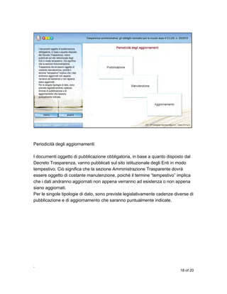 Periodicità degli aggiornamenti
I documenti oggetto di pubblicazione obbligatoria, in base a quanto disposto dal
Decreto Trasparenza, vanno pubblicati sul sito istituzionale degli Enti in modo
tempestivo. Ciò significa che la sezione Amministrazione Trasparente dovrà
essere oggetto di costante manutenzione, poiché il termine “tempestivo” implica
che i dati andranno aggiornati non appena verranno ad esistenza o non appena
siano aggiornati.
Per le singole tipologie di dato, sono previste legislativamente cadenze diverse di
pubblicazione e di aggiornamento che saranno puntualmente indicate.

,
18 of 20

 