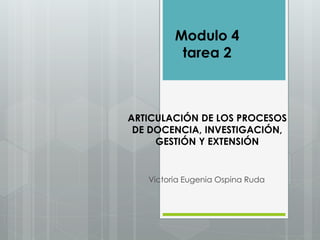 Modulo 4 
tarea 2 
ARTICULACIÓN DE LOS PROCESOS 
DE DOCENCIA, INVESTIGACIÓN, 
GESTIÓN Y EXTENSIÓN 
Victoria Eugenia Ospina Ruda 
 