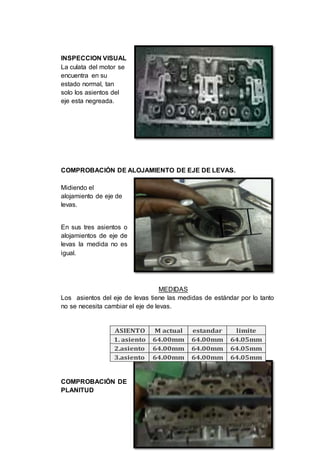 25
INSPECCION VISUAL
La culata del motor se
encuentra en su
estado normal, tan
solo los asientos del
eje esta negreada.
COMPROBACIÓN DE ALOJAMIENTO DE EJE DE LEVAS.
Midiendo el
alojamiento de eje de
levas.
En sus tres asientos o
alojamientos de eje de
levas la medida no es
igual.
MEDIDAS
Los asientos del eje de levas tiene las medidas de estándar por lo tanto
no se necesita cambiar el eje de levas.
COMPROBACIÓN DE
PLANITUD
ASIENTO M actual estandar limite
1. asiento 64.00mm 64.00mm 64.05mm
2.asiento 64.00mm 64.00mm 64.05mm
3.asiento 64.00mm 64.00mm 64.05mm
 