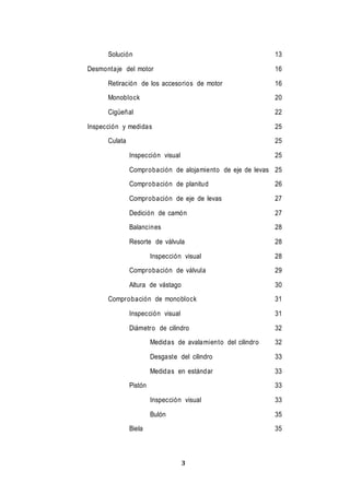 3
Solución 13
Desmontaje del motor 16
Retiración de los accesorios de motor 16
Monoblock 20
Cigüeñal 22
Inspección y medidas 25
Culata 25
Inspección visual 25
Comprobación de alojamiento de eje de levas 25
Comprobación de planitud 26
Comprobación de eje de levas 27
Dedición de camón 27
Balancines 28
Resorte de válvula 28
Inspección visual 28
Comprobación de válvula 29
Altura de vástago 30
Comprobación de monoblock 31
Inspección visual 31
Diámetro de cilindro 32
Medidas de avalamiento del cilindro 32
Desgaste del cilindro 33
Medidas en estándar 33
Pistón 33
Inspección visual 33
Bulón 35
Biela 35
 