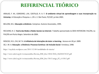 REFERENCIAL TEÓRICO
ARAUJO, F. M.; CORDEIRO, L.M.; CASTILLO, R. A. F. O ambiente virtual de aprendizagem e suas incorporação na
Unicamp. In Educação e Pesquisa. v. 29 n. 2. São Paulo, FE/USP, jul-dez 2003.
BELLONI, M.L. Educação a distância. Campinas: Autores Associados, 1999.
RECUERO, R. C. Teoria das Redes e Redes Sociais na Internet. Trabalho apresentado no XXVII INTERCOM. PUC/RS, na
PUC/RS em Porto Alegre. Setembro de 2004.
ROSCOE, R.D.; CHI, M.T.H. A influência de interações do tutor: e-learning. Acesso em 20 jul. 2009.
SÁ, I. M. A. Educação a Distância: Processo Contínuo de Inclusão Social. Fortaleza, 1998.
https://mychela.wordpress.com/2011/12/04/modalidades-de-tutoria/
http://www.abed.org.br/revistacientifica/Revista_PDF_Doc/2010/2010_2462010174147.pdf
http://www.abed.org.br/revistacientifica/Revista_PDF_Doc/2012/artigo_07_v112012.pdf
 