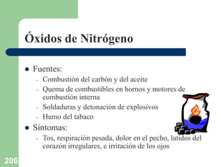 206
Óxidos de Nitrógeno
 Fuentes:
– Combustión del carbón y del aceite
– Quema de combustibles en hornos y motores de
combustión interna
– Soldaduras y detonación de explosivos
– Humo del tabaco
 Síntomas:
– Tos, respiración pesada, dolor en el pecho, latidos del
corazón irregulares, e irritación de los ojos
 