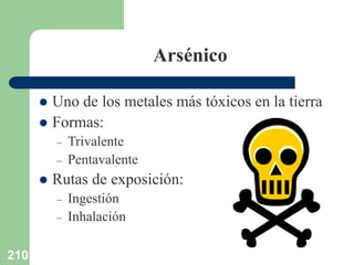 210
Arsénico
 Uno de los metales más tóxicos en la tierra
 Formas:
– Trivalente
– Pentavalente
 Rutas de exposición:
– Ingestión
– Inhalación
 