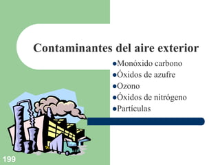 199
Contaminantes del aire exterior
Monóxido carbono
Óxidos de azufre
Ozono
Óxidos de nitrógeno
Partículas
 