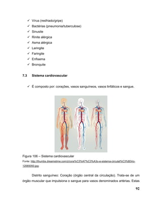 92
 Vírus (resfriado/gripe)
 Bactérias (pneumonia/tuberculose)
 Sinusite
 Rinite alérgica
 Asma alérgica
 Laringite
 Faringite
 Enfisema
 Bronquite
7.3 Sistema cardiovascular
 É composto por: corações, vasos sanguíneos, vasos linfáticos e sangue.
Figura 106 – Sistema cardiovascular
Fonte: http://thumbs.dreamstime.com/z/cora%C3%A7%C3%A3o-e-sistema-circulat%C3%B3rio-
12065050.jpg;
Distrito sanguíneo: Coração (órgão central da circulação). Trata-se de um
órgão muscular que impulsiona o sangue para vasos denominados artérias. Estas
 