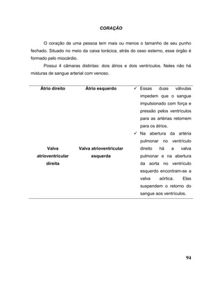 94
CORAÇÃO
O coração de uma pessoa tem mais ou menos o tamanho de seu punho
fechado. Situado no meio da caixa torácica, atrás do osso esterno, esse órgão é
formado pelo miocárdio.
Possui 4 câmaras distintas: dois átrios e dois ventrículos. Neles não há
misturas de sangue arterial com venoso.
Átrio direito
Valva
atrioventricular
direita
Átrio esquerdo
Valva atrioventricular
esquerda
 Essas duas válvulas
impedem que o sangue
impulsionado com força e
pressão pelos ventrículos
para as artérias retornem
para os átrios.
 Na abertura da artéria
pulmonar no ventrículo
direito há a valva
pulmonar e na abertura
da aorta no ventrículo
esquerdo encontram-se a
valva aórtica. Elas
suspendem o retorno do
sangue aos ventrículos.
 