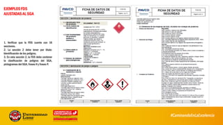 EJEMPLOS FDS
AJUSTADAS AL SGA
1. Verificar que la FDS cuente con 16
secciones.
2. La sección 2 debe tener por título:
Identificación de los peligros.
3. En esta sección 2, la FDS debe contener
la clasificación de peligros del SGA,
pictogramas del SGA, frases H y frases P.
50
 