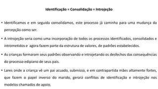 Identificação = Consolidação = Introjeção
• Identificamos e em seguida consolidamos, este processo já caminha para uma mudança da
percepção como ser.
• A introjeção seria como uma incorporação de todos os processos identificados, consolidados e
intrometidos e agora fazem parte da estrutura de valores, de padrões estabelecidos.
• As crianças formaram seus padrões observando e introjetando os desfechos das consequências
do processo edipiano de seus pais.
• Lares onde a criança vê um pai acuado, submisso, e em contrapartida mães altamente fortes,
que fazem o papel inverso do marido, gerará conflitos de identificação e introjeção nos
modelos chamados de apoio.
 