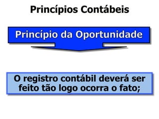 Princípios Contábeis 
O registro contábil deverá ser 
feito tão logo ocorra o fato; 
 