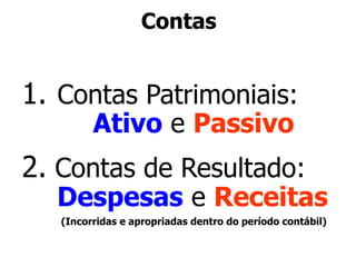 Contas 
1. Contas Patrimoniais: 
Ativo e Passivo 
2. Contas de Resultado: 
Despesas e Receitas 
(Incorridas e apropriadas dentro do período contábil) 
 