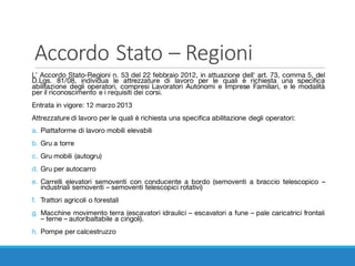 Accordo	Stato	– Regioni
L’ Accordo Stato-Regioni n. 53 del 22 febbraio 2012, in attuazione dell' art. 73, comma 5, del
D.Lgs. 81/08, individua le attrezzature di lavoro per le quali è richiesta una specifica
abilitazione degli operatori, compresi Lavoratori Autonomi e Imprese Familiari, e le modalità
per il riconoscimento e i requisiti dei corsi.
Entrata in vigore: 12 marzo 2013
Attrezzature di lavoro per le quali è richiesta una specifica abilitazione degli operatori:
a. Piattaforme di lavoro mobili elevabili
b. Gru a torre
c. Gru mobili (autogru)
d. Gru per autocarro
e. Carrelli elevatori semoventi con conducente a bordo (semoventi a braccio telescopico –
industriali semoventi – semoventi telescopici rotativi)
f. Trattori agricoli o forestali
g. Macchine movimento terra (escavatori idraulici – escavatori a fune – pale caricatrici frontali
– terne – autoribaltabile a cingoli).
h. Pompe per calcestruzzo
 