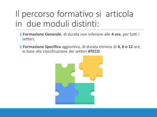 Il	percorso	formativo	si		articola		
in		due	moduli	distinti:
1.Formazione	Generale,	di	durata	non	inferiore	alle	4	ore,	per	tutti	i	
settori;
2.Formazione	Specifica	aggiuntiva,	di	durata	minima	di	4,	8	o	12	ore,	
in	base	alla	classificazione	dei	settori	ATECO.
 
