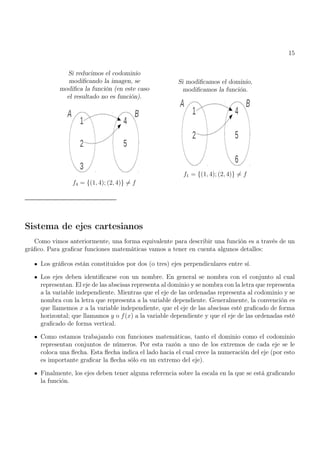15
Si reducimos el codominio
modificando la imagen, se
modifica la función (en este caso
el resultado no es función).
f4 = {(1, 4); (2, 4)} 6= f
Si modificamos el dominio,
modificamos la función.
f1 = {(1, 4); (2, 4)} 6= f
Sistema de ejes cartesianos
Como vimos anteriormente, una forma equivalente para describir una función es a través de un
gráfico. Para graficar funciones matemáticas vamos a tener en cuenta algunos detalles:
Los gráficos están constituidos por dos (o tres) ejes perpendiculares entre sí.
Los ejes deben identificarse con un nombre. En general se nombra con el conjunto al cual
representan. El eje de las abscisas representa al dominio y se nombra con la letra que representa
a la variable independiente. Mientras que el eje de las ordenadas representa al codominio y se
nombra con la letra que representa a la variable dependiente. Generalmente, la convención es
que llamemos x a la variable independiente, que el eje de las abscisas esté graficado de forma
horizontal; que llamamos y o f(x) a la variable dependiente y que el eje de las ordenadas esté
graficado de forma vertical.
Como estamos trabajando con funciones matemáticas, tanto el dominio como el codominio
representan conjuntos de números. Por esta razón a uno de los extremos de cada eje se le
coloca una flecha. Esta flecha indica el lado hacia el cual crece la numeración del eje (por esto
es importante graficar la flecha sólo en un extremo del eje).
Finalmente, los ejes deben tener alguna referencia sobre la escala en la que se está graficando
la función.
 
