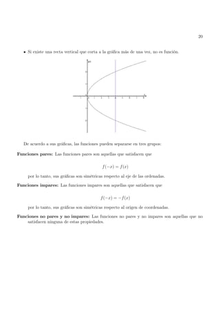 20
Si existe una recta vertical que corta a la gráfica más de una vez, no es función.
De acuerdo a sus gráficas, las funciones pueden separarse en tres grupos:
Funciones pares: Las funciones pares son aquellas que satisfacen que
f(−x) = f(x)
por lo tanto, sus gráficas son simétricas respecto al eje de las ordenadas.
Funciones impares: Las funciones impares son aquellas que satisfacen que
f(−x) = −f(x)
por lo tanto, sus gráficas son simétricas respecto al origen de coordenadas.
Funciones no pares y no impares: Las funciones no pares y no impares son aquellas que no
satisfacen ninguna de estas propiedades.
 