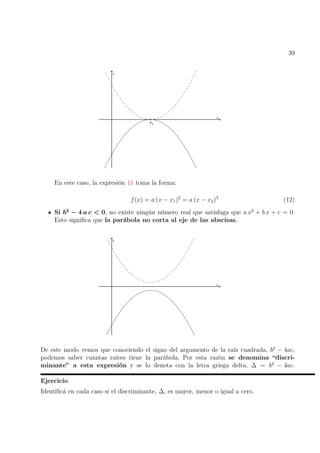 39
En este caso, la expresión 11 toma la forma:
f(x) = a (x − x1)2
= a (x − x2)2
(12)
Si b2
− 4 a c  0, no existe ningún número real que satisfaga que a x2
+ b x + c = 0.
Esto significa que la parábola no corta al eje de las abscisas.
De este modo vemos que conociendo el signo del argumento de la raíz cuadrada, b2
− 4ac,
podemos saber cuántas raíces tiene la parábola. Por esta razón se denomina “discri-
minante” a esta expresión y se lo denota con la letra griega delta, ∆ = b2
− 4ac.
Ejercicio
Identificá en cada caso si el discriminante, ∆, es mayor, menor o igual a cero.
 