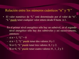 Relación entre los números cuánticos “n” y “l ”
• El valor numérico de “L” está determinado por el valor de “n”.
  “L” puede tener cualquier valor entero desde 0 hasta n-1.

   En el primer nivel energético sólo hay un subnivel, en el segundo
     nivel energético sólo hay dos subniveles y así sucesivamente,
     entonces:
   – si n = 1, “L” = 0
   – si n = 2, “L” puede tener dos valores: 0 y 1
   – Si n=3, “L” puede tener tres valores: 0, 1 y 2.
   – Si n=4, “L” puede tener cuatro valores: 0 , 1 , 2 y 3
 