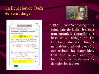La Ecuación de Onda
de Schrödinger

                      En 1926, Erwin Schrödinger, un
                        estudiante de Bohr, formula
                        una compleja ecuación con
                        base en el trabajo de De
                        Broglie, en donde combina la
                        naturaleza dual del electrón,
                        con probabilidad matemática.
                        Con esto se explican muy
                        bien los espectros de emisión
                        de todos los átomos.
 