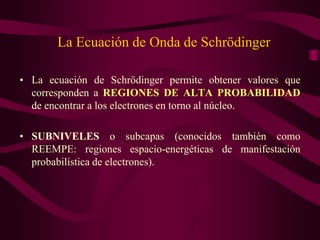 La Ecuación de Onda de Schrödinger

• La ecuación de Schrödinger permite obtener valores que
  corresponden a REGIONES DE ALTA PROBABILIDAD
  de encontrar a los electrones en torno al núcleo.

• SUBNIVELES o subcapas (conocidos también como
  REEMPE: regiones espacio-energéticas de manifestación
  probabilística de electrones).
 