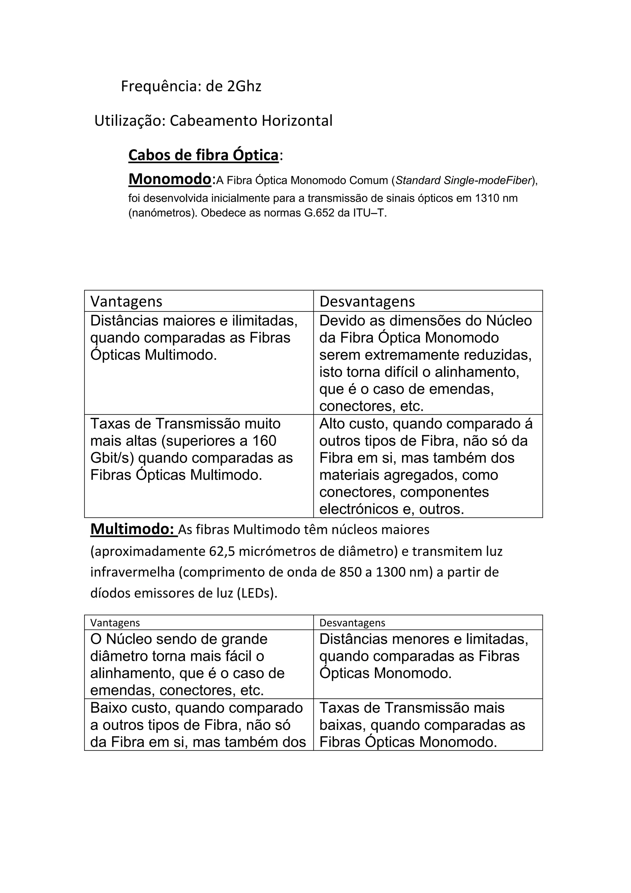 Frequência: de 2Ghz

Utilização: Cabeamento Horizontal

      Cabos de fibra Óptica:
      Monomodo:A Fibra Óptica Monomodo Comum (Standard Single-modeFiber),
      foi desenvolvida inicialmente para a transmissão de sinais ópticos em 1310 nm
      (nanómetros). Obedece as normas G.652 da ITU–T.




Vantagens                                  Desvantagens
Distâncias maiores e ilimitadas,   Devido as dimensões do Núcleo
quando comparadas as Fibras        da Fibra Óptica Monomodo
Ópticas Multimodo.                 serem extremamente reduzidas,
                                   isto torna difícil o alinhamento,
                                   que é o caso de emendas,
                                   conectores, etc.
Taxas de Transmissão muito         Alto custo, quando comparado á
mais altas (superiores a 160       outros tipos de Fibra, não só da
Gbit/s) quando comparadas as       Fibra em si, mas também dos
Fibras Ópticas Multimodo.          materiais agregados, como
                                   conectores, componentes
                                   electrónicos e, outros.
Multimodo: As fibras Multimodo têm núcleos maiores
(aproximadamente 62,5 micrómetros de diâmetro) e transmitem luz
infravermelha (comprimento de onda de 850 a 1300 nm) a partir de
díodos emissores de luz (LEDs).
Vantagens                                  Desvantagens
O Núcleo sendo de grande                   Distâncias menores e limitadas,
diâmetro torna mais fácil o                quando comparadas as Fibras
alinhamento, que é o caso de               Ópticas Monomodo.
emendas, conectores, etc.
Baixo custo, quando comparado              Taxas de Transmissão mais
a outros tipos de Fibra, não só            baixas, quando comparadas as
da Fibra em si, mas também dos             Fibras Ópticas Monomodo.
 