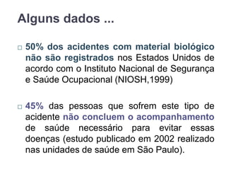 Alguns dados ...
 50% dos acidentes com material biológico
não são registrados nos Estados Unidos de
acordo com o Instituto Nacional de Segurança
e Saúde Ocupacional (NIOSH,1999)
 45% das pessoas que sofrem este tipo de
acidente não concluem o acompanhamento
de saúde necessário para evitar essas
doenças (estudo publicado em 2002 realizado
nas unidades de saúde em São Paulo).
 
