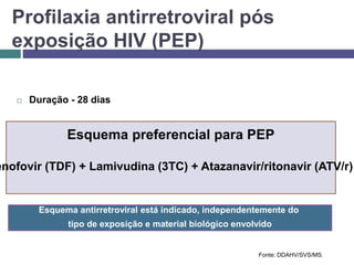 Profilaxia antirretroviral pós
exposição HIV (PEP)
Esquema preferencial para PEP
enofovir (TDF) + Lamivudina (3TC) + Atazanavir/ritonavir (ATV/r)
Esquema antirretroviral está indicado, independentemente do
tipo de exposição e material biológico envolvido
Fonte: DDAHV/SVS/MS.
 Duração - 28 dias
 