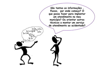 São tantas as informações ,
fluxos, por onde começo? O
que posso fazer para implantar
um atendimento no meu
município? Ou orientar outros
técnicos a montar um serviço
de atendimento ao acidentado?
 