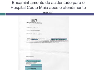 Encaminhamento do acidentado para o
Hospital Couto Maia após o atendimento
inicial
Nome do TrabalhadorData
Nome por extenso
Assinatura
 
