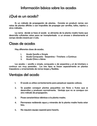 Información básica sobre los acodos
¿Qué es un acodo?
Es un método de propagación de plantas. Consiste en producir ramas con
raíces de plantas difíciles o casi imposibles de propagar por semillas, tallos, injertos u
otros métodos.
La rama donde se hace el acodo se alimenta de la planta madre hasta que
desarrolla suficientes raíces para ser transplantada a un envase o directamente al
campo donde crecerá por sí sola.
Clases de acodos
Hay diferentes clases de acodos.
1. Acodo Sencillo o Simple
2. Acodo Compuesto Serpentina - Trinchera o Continuo
3. Acodo Chino o Aéreo
Los acodos – sencillo o simple, compuesto o de serpentina y el de trinchera o
continuo son muy parecidos. Los tres tipos se hacen especialmente en plantas
trepadoras u ornamentales de ramas largas y flexibles.
Ventajas del acodo
1. El acodo se utiliza corrientemente para perpetuar especies valiosas.
2. Se pueden conseguir plantas pequeñitas con flores o frutas que se
desarrollan y producen normalmente. Ventaja que no se consigue con
otro método de propagación.
3. Posee características idénticas a la planta madre.
4. Permanece recibiendo agua y minerales de la planta madre hasta estar
listo.
5. No requiere equipo especial para hacerlo.
 