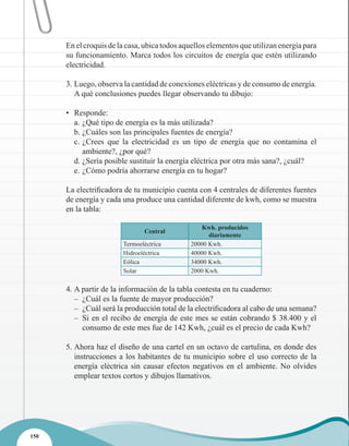 En el croquis de la casa, ubica todos aquellos elementos que utilizan energía para
      su funcionamiento. Marca todos los circuitos de energía que estén utilizando
      electricidad.

      3. Luego, observa la cantidad de conexiones eléctricas y de consumo de energía.
         A qué conclusiones puedes llegar observando tu dibujo:

      • Responde:
        a. ¿Qué tipo de energía es la más utilizada?
        b. ¿Cuáles son las principales fuentes de energía?
        c. ¿Crees que la electricidad es un tipo de energía que no contamina el
           ambiente?, ¿por qué?
        d. ¿Sería posible sustituir la energía eléctrica por otra más sana?, ¿cuál?
        e. ¿Cómo podría ahorrarse energía en tu hogar?

      La electrificadora de tu municipio cuenta con 4 centrales de diferentes fuentes
      de energía y cada una produce una cantidad diferente de kwh, como se muestra
      en la tabla:

                                                  Kwh. producidos
                               Central
                                                    diariamente
                        Termoeléctrica        20000 Kwh.
                        Hidroeléctrica        40000 Kwh.
                        Eólica                34000 Kwh.
                        Solar                 2000 Kwh.

      4. A partir de la información de la tabla contesta en tu cuaderno:
         – ¿Cuál es la fuente de mayor producción?
         – ¿Cuál será la producción total de la electrificadora al cabo de una semana?
         – Si en el recibo de energía de este mes se están cobrando $ 38.400 y el
           consumo de este mes fue de 142 Kwh, ¿cuál es el precio de cada Kwh?

      5. Ahora haz el diseño de una cartel en un octavo de cartulina, en donde des
         instrucciones a los habitantes de tu municipio sobre el uso correcto de la
         energía eléctrica sin causar efectos negativos en el ambiente. No olvides
         emplear textos cortos y dibujos llamativos.




150
 