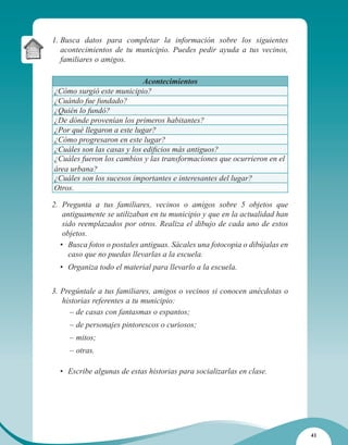 1. Busca datos para completar la información sobre los siguientes
   acontecimientos de tu municipio. Puedes pedir ayuda a tus vecinos,
   familiares o amigos.

                            Acontecimientos
¿Cómo surgió este municipio?
¿Cuándo fue fundado?
¿Quién lo fundó?
¿De dónde provenían los primeros habitantes?
¿Por qué llegaron a este lugar?
¿Cómo progresaron en este lugar?
¿Cuáles son las casas y los edificios más antiguos?
¿Cuáles fueron los cambios y las transformaciones que ocurrieron en el
área urbana?
¿Cuáles son los sucesos importantes e interesantes del lugar?
Otros.

2. Pregunta a tus familiares, vecinos o amigos sobre 5 objetos que
   antiguamente se utilizaban en tu municipio y que en la actualidad han
   sido reemplazados por otros. Realiza el dibujo de cada uno de estos
   objetos.
  • Busca fotos o postales antiguas. Sácales una fotocopia o dibújalas en
     caso que no puedas llevarlas a la escuela.
  • Organiza todo el material para llevarlo a la escuela.


3. Pregúntale a tus familiares, amigos o vecinos si conocen anécdotas o
   historias referentes a tu municipio:
     – de casas con fantasmas o espantos;
     – de personajes pintorescos o curiosos;
     – mitos;
     – otras.

  • Escribe algunas de estas historias para socializarlas en clase.




                                                                            41
 