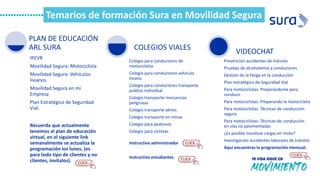 Temarios de formación Sura en Movilidad Segura
IPEVR
Movilidad Segura: Motociclista
Movilidad Segura: Vehículos
livianos
Movilidad Segura en mi
Empresa
Plan Estratégico de Seguridad
Vial.
Recuerda que actualmente
tenemos el plan de educación
virtual, en el siguiente link
semanalmente se actualiza la
programación los lunes, (es
para todo tipo de clientes y no
clientes, invítalos).
PLAN DE EDUCACIÓN
ARL SURA
Colegio para conductores de
motocicletas
Colegio para conductores vehículo
liviano
Colegio para conductores transporte
publico individual
Colegio transporte mercancías
peligrosas
Colegio transporte aéreo.
Colegio transporte en minas
Colegio para peatones
Colegio para ciclistas
Instructivo administrador
Instructivo estudiantes
COLEGIOS VIALES
Prevención accidentes de tránsito
Pruebas de alcoholemia a conductores
Gestión de la fatiga en la conducción
Plan estratégico de Seguridad Vial
Para motociclistas. Preparándome para
conducir
Para motociclistas. Preparando la motocicleta
Para motociclistas. Técnicas de conducción
segura
Para motociclistas. Técnicas de conducción
en vías no pavimentadas
¿Es posible movilizar cargas en moto?
Investigación accidentes laborales de tránsito
Aquí encuentras la programación mensual.
VIDEOCHAT
 
