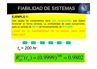 FIABILIDAD DE SISTEMAS
EJEMPLO 1:
Una tarjeta de computadora tiene 200 componentes que deben
funcionar en forma correcta. La confiabilidad de cada componente,
para un periodo de 200 hr de funcionamiento, es R=0.9999.
¿Cual es la confiabilidad de la tarjeta para este
intervalo?




    to = 200 hr

   R (t o ) = (0.9999 )
      (s)
      sis
                                        200
                                              = 0.9802
 