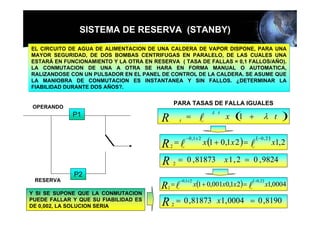 SISTEMA DE RESERVA (STANBY)
EL CIRCUITO DE AGUA DE ALIMENTACION DE UNA CALDERA DE VAPOR DISPONE, PARA UNA
MAYOR SEGURIDAD, DE DOS BOMBAS CENTRIFUGAS EN PARALELO, DE LAS CUALES UNA
ESTARÁ EN FUNCIONAMIENTO Y LA OTRA EN RESERVA ( TASA DE FALLAS = 0,1 FALLOS/AÑO).
LA CONMUTACION DE UNA A OTRA SE HARA EN FORMA MANUAL O AUTOMATICA,
RALIZANDOSE CON UN PULSADOR EN EL PANEL DE CONTROL DE LA CALDERA. SE ASUME QUE
LA MANIOBRA DE CONMUTACION ES INSTANTANEA Y SIN FALLOS. ¿DETERMINAR LA
FIABILIDAD DURANTE DOS AÑOS?.


                                             PARA TASAS DE FALLA IGUALES
 OPERANDO
             P1
                                         R       t
                                                      =         l
                                                                      λ t
                                                                            x   (1   +         λ t        )
                                                                                           (−0 , 2 )
                                                                   x (1 + 0 ,1 x 2 ) = l
                                                      − 0 ,1 x 2
                                         R2 = l                                                        x1, 2

                                         R   2
                                                 = 0 , 81873                x 1 , 2 = 0 , 9824
             P2
                                                                                      ( −0, 2 )
                                                              x(1 + 0,001x0,1x 2) = l
 RESERVA                                          −0 ,1 x 2
                                         R2 = l                                                   x1,0004
Y SI SE SUPONE QUE LA CONMUTACION
PUEDE FALLAR Y QUE SU FIABILIDAD ES
                                         R   2
                                                 = 0 ,81873 x1, 0004 = 0 ,8190
DE 0,002, LA SOLUCION SERIA
 