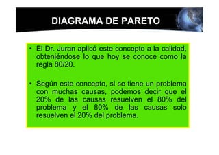 DIAGRAMA DE PARETO

• El Dr. Juran aplicó este concepto a la calidad,
  obteniéndose lo que hoy se conoce como la
  regla 80/20.

• Según este concepto, si se tiene un problema
  con muchas causas, podemos decir que el
  20% de las causas resuelven el 80% del
  problema y el 80% de las causas solo
  resuelven el 20% del problema.
 
