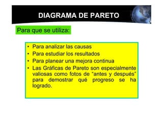 DIAGRAMA DE PARETO

Para que se utiliza:

   •   Para analizar las causas
   •   Para estudiar los resultados
   •   Para planear una mejora continua
   •   Las Gráficas de Pareto son especialmente
       valiosas como fotos de “antes y después”
       para demostrar qué progreso se ha
       logrado.
 
