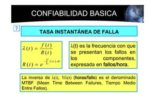 CONFIABILIDAD BASICA

           TASA INSTANTÁNEA DE FALLA

         f (t )             λ(t) es la frecuencia con que
λ (t ) =
         R (t )             se presentan los fallos en
                  t         los             componentes,
R (t ) = e ∫o λ ( t ). dt
              −
                            expresada en fallos/hora.

La inversa de λ(t), 1/λ(t) (horas/fallo) es el denominado
MTBF (Mean Time Between Failures, Tiempo Medio
Entre Fallos).
 