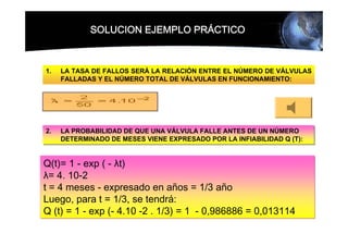 SOLUCION EJEMPLO PRÁCTICO



1.   LA TASA DE FALLOS SERÁ LA RELACIÓN ENTRE EL NÚMERO DE VÁLVULAS
     FALLADAS Y EL NÚMERO TOTAL DE VÁLVULAS EN FUNCIONAMIENTO:




2.
2.   LA PROBABILIDAD DE QUE UNA VÁLVULA FALLE ANTES DE UN NÚMERO
     LA PROBABILIDAD DE QUE UNA VÁLVULA FALLE ANTES DE UN NÚMERO
     DETERMINADO DE MESES VIENE EXPRESADO POR LA INFIABILIDAD Q (T):
     DETERMINADO DE MESES VIENE EXPRESADO POR LA INFIABILIDAD Q (T):


Q(t)= 1 - exp ( - λt)
λ= 4. 10-2
t = 4 meses - expresado en años = 1/3 año
Luego, para t = 1/3, se tendrá:
Q (t) = 1 - exp (- 4.10 -2 . 1/3) = 1 - 0,986886 = 0,013114
 