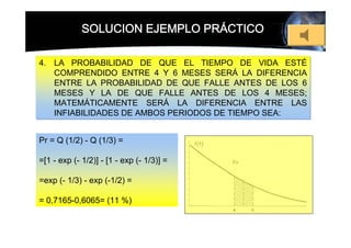 SOLUCION EJEMPLO PRÁCTICO

4. LA PROBABILIDAD DE QUE EL TIEMPO DE VIDA ESTÉ
   COMPRENDIDO ENTRE 4 Y 6 MESES SERÁ LA DIFERENCIA
   ENTRE LA PROBABILIDAD DE QUE FALLE ANTES DE LOS 6
   MESES Y LA DE QUE FALLE ANTES DE LOS 4 MESES;
   MATEMÁTICAMENTE SERÁ LA DIFERENCIA ENTRE LAS
   INFIABILIDADES DE AMBOS PERIODOS DE TIEMPO SEA:


Pr = Q (1/2) - Q (1/3) =

=[1 - exp (- 1/2)] - [1 - exp (- 1/3)] =

=exp (- 1/3) - exp (-1/2) =

= 0,7165-0,6065= (11 %)
 