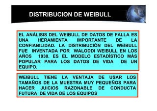DISTRIBUCION DE WEIBULL


EL ANÁLISIS DEL WEIBULL DE DATOS DE FALLA ES
UNA     HERAMIENTA    IMPORTANTE    DE    LA
CONFIABILIDAD. LA DISTRIBUCIÓN DEL WEIBULL
FUE INVENTADA POR WALODDI WEIBULL EN LOS
AÑOS 1930. ES EL MODELO ESTADÍSTICO MÁS
POPULAR PARA LOS DATOS DE VIDA        DE UN
EQUIPO.

WEIBULL TIENE LA VENTAJA DE USAR LOS
TAMAÑOS DE LA MUESTRA MUY PEQUEÑOS PARA
HACER JUICIOS RAZONABLE DE CONDUCTA
FUTURA DE VIDA DE LOS EQUIPOS
 