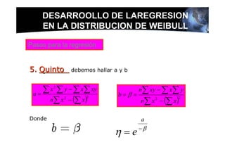 DESARROOLLO DE LAREGRESION
      EN LA DISTRIBUCION DE WEIBULL

Pasos para la regresión


5. Quinto        debemos hallar a y b



 a=
      ∑ x 2 ∑ y − ∑ x ∑ xy
                                 b=β =
                                         n∑ xy − ∑ x∑ y
        n∑ x − (∑ x )                    n∑ x − (∑ x )
             2        2                              2
                                              2




Donde                                     a

                                η=e      −β
 
