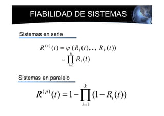 FIABILIDAD DE SISTEMAS

Sistemas en serie

        R ( s ) ( t ) = ψ ( R1 ( t ),..., R k ( t ))
                         k
                    =   ∏ R (t )
                        i =1
                               i




Sistemas en paralelo
                                    k
      R   ( p)
                 (t ) = 1 − ∏ (1 − Ri (t ))
                                   i =1
 