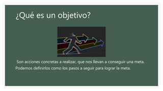 ¿Qué es un objetivo?
Son acciones concretas a realizar, que nos llevan a conseguir una meta.
Podemos definirlos como los pasos a seguir para lograr la meta.
 