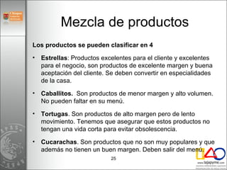 Mezcla de productos <ul><li>Los productos se pueden clasificar en 4 </li></ul><ul><li>Estrellas : Productos excelentes par...