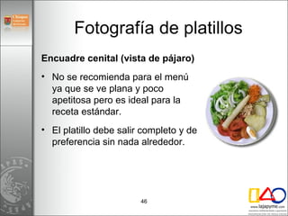 Fotografía de platillos <ul><li>Encuadre cenital (vista de pájaro) </li></ul><ul><li>No se recomienda para el menú ya que ...